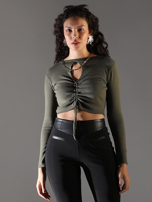 women solid long sleeve crop top - 21682297 - Standard Image - 0