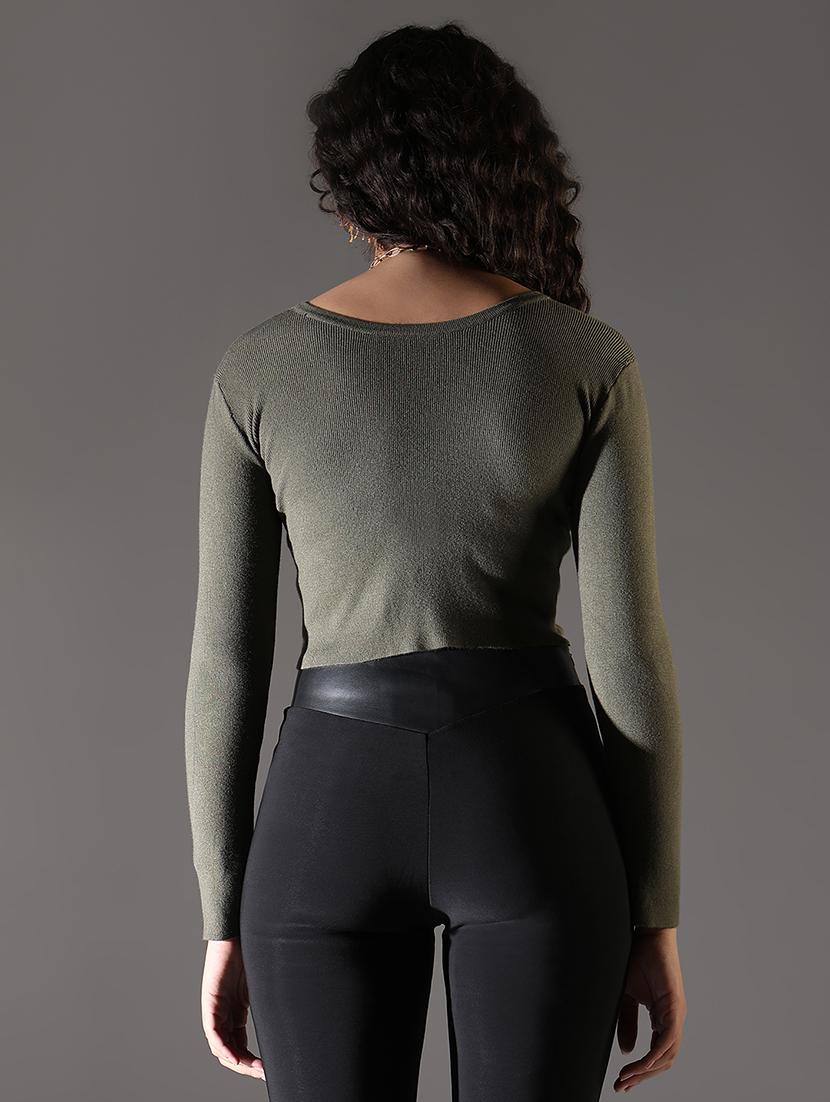 women solid long sleeve crop top - 21682297 - Standard Image - 3