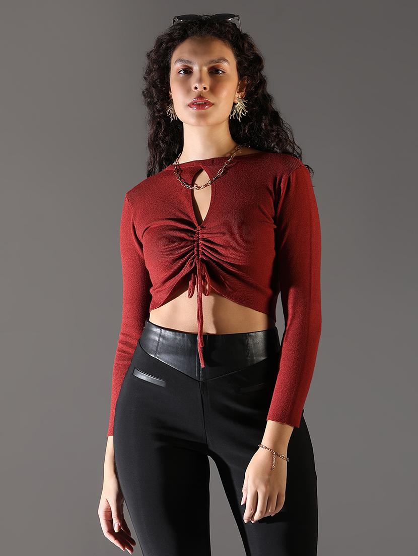 women solid long sleeve crop top - 21682298 - Zoom Image - 0