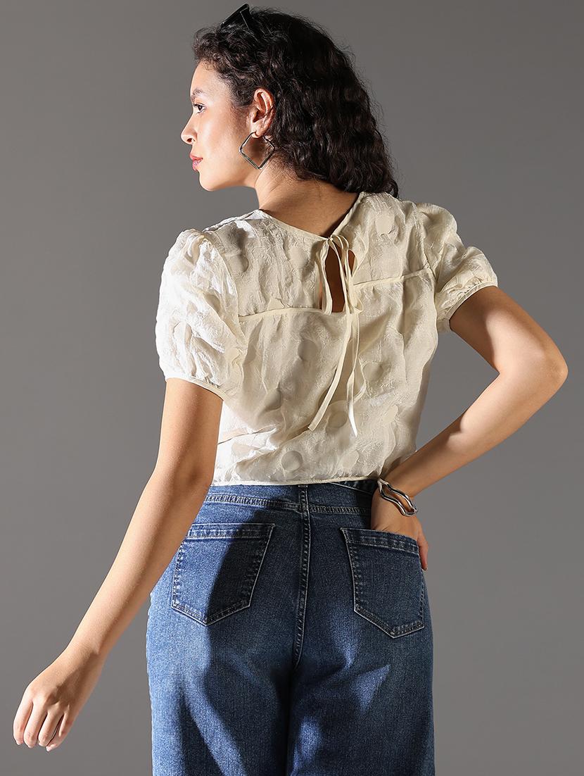 women solid puff sleeve crop top - 21682308 - Standard Image - 3