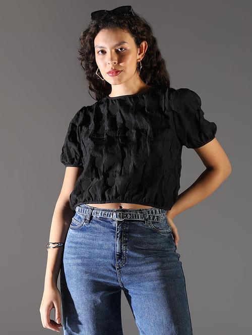 women solid puff sleeve crop top - 21682309 - Standard Image - 0