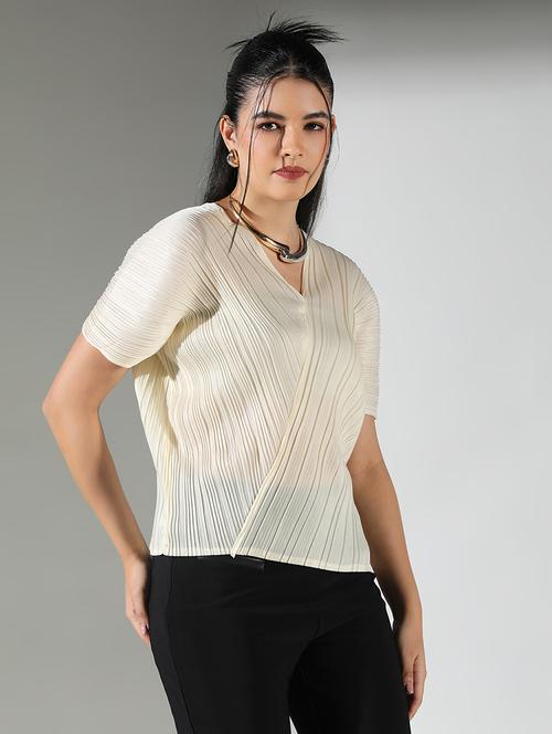 women cream solid short sleeve top - 21682318 - Standard Image - 0