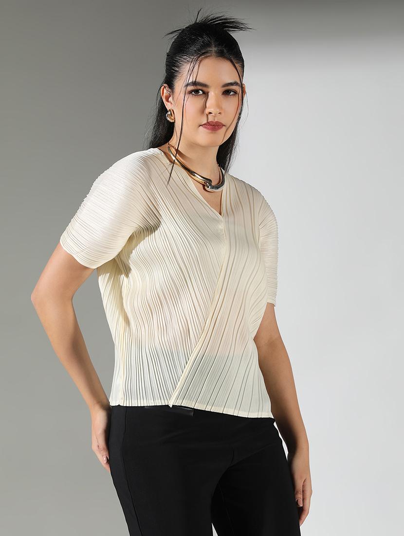 women cream solid short sleeve top - 21682318 - Zoom Image - 0