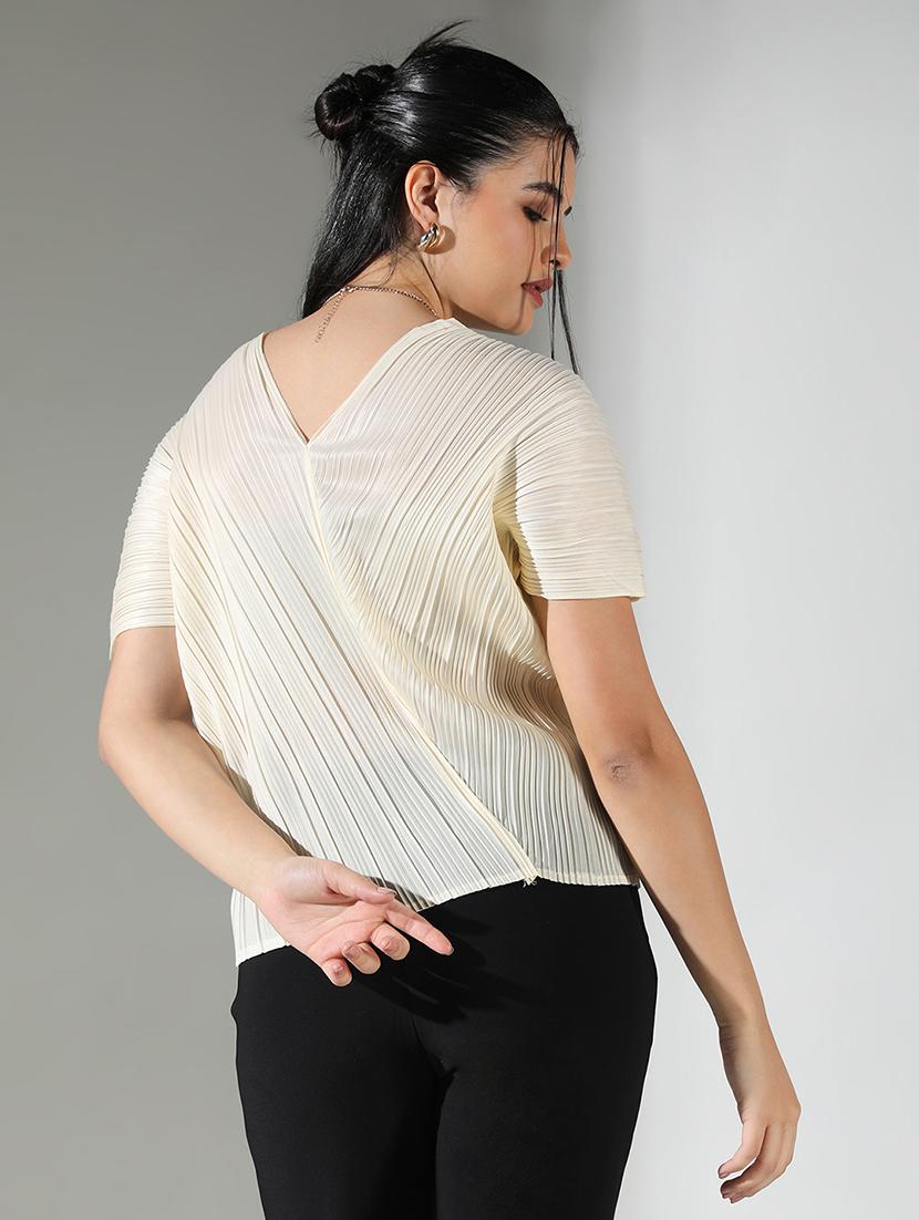 women cream solid short sleeve top - 21682318 - Standard Image - 3