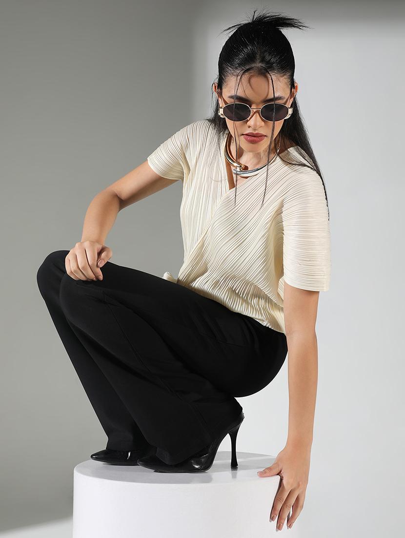 women cream solid short sleeve top - 21682318 - Standard Image - 5