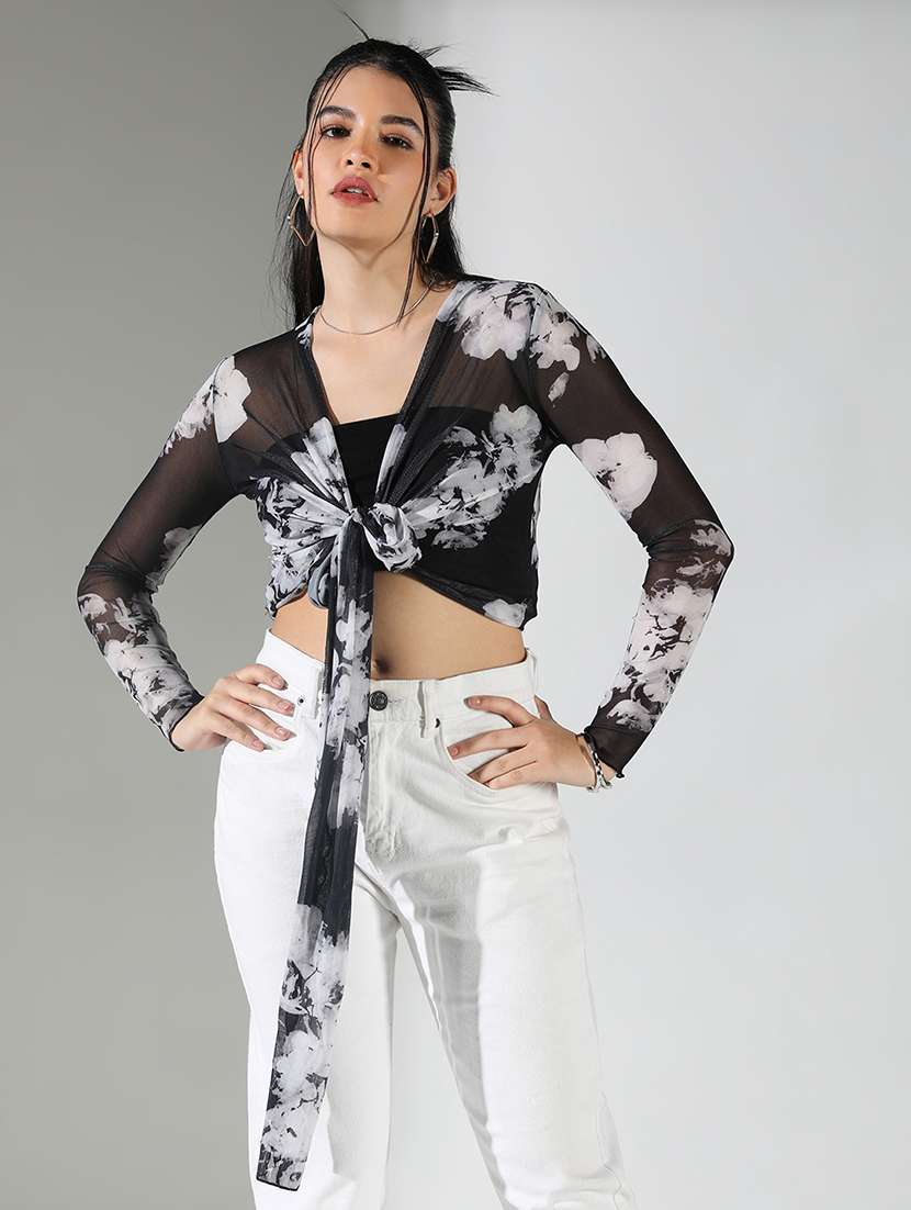 women printed long sleeve crop top