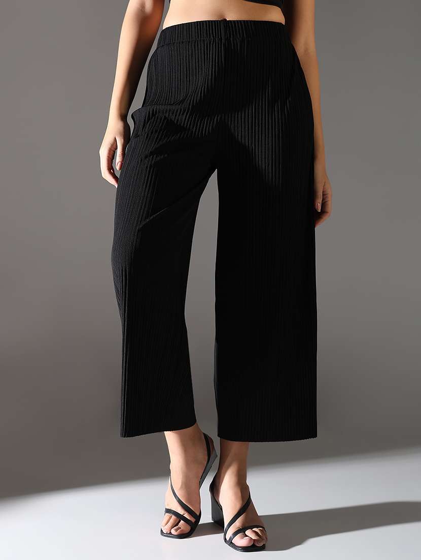 women solid high rise wide leg trouser