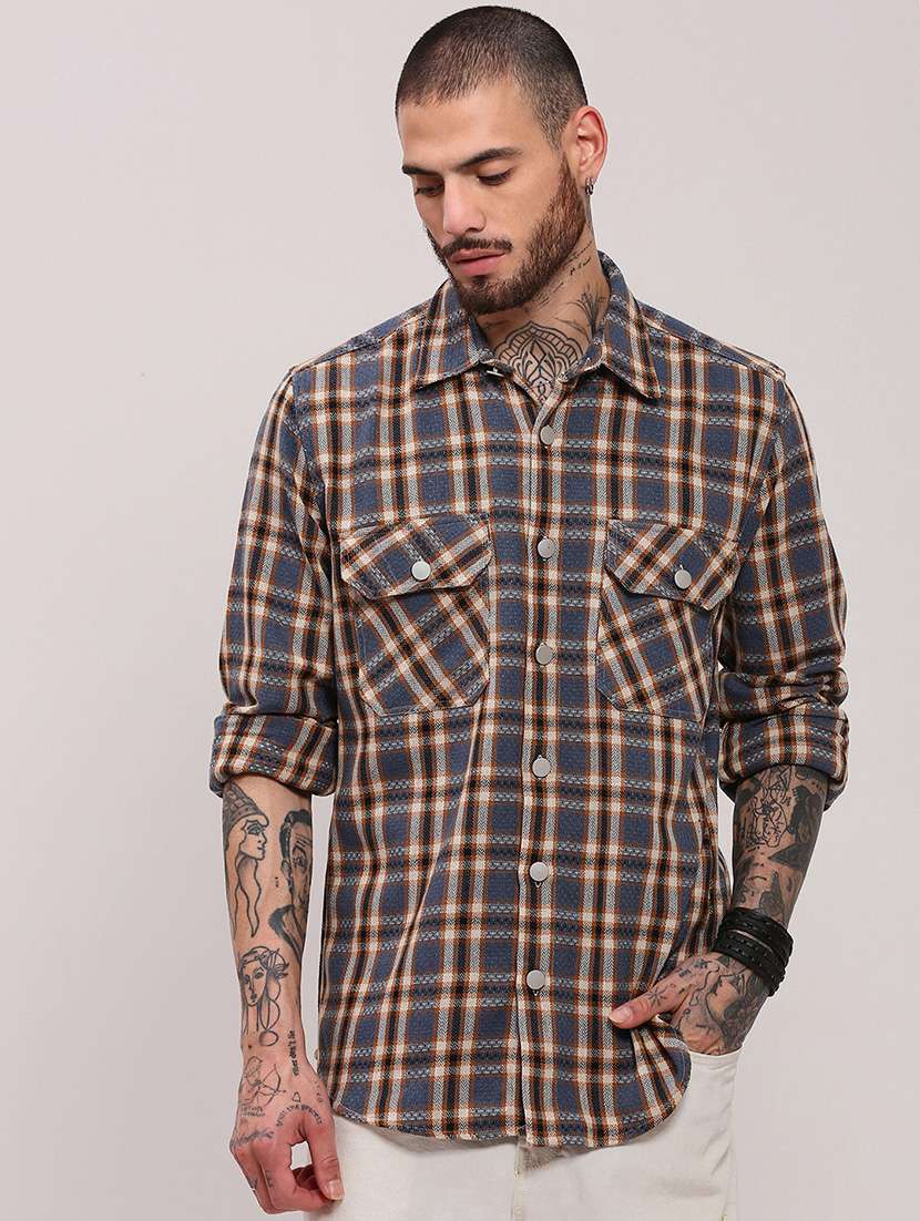 men long sleeves checkered casual shirt - 21682385 -  Zoom Image - 0