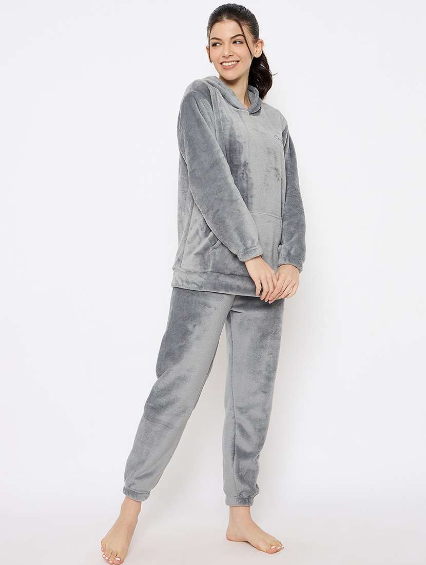 women solid hooded nightwear pyjama set - 21682609 -  Standard Image - 3