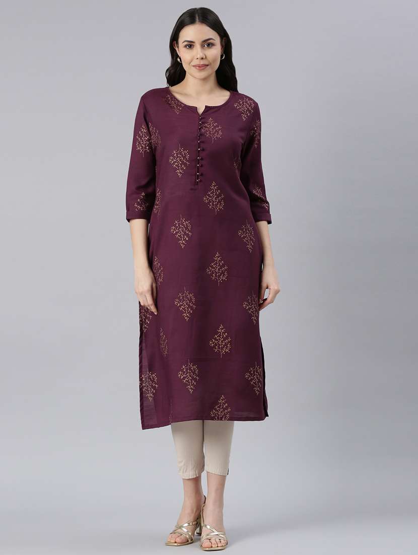 men notch neck foil printed straight kurta