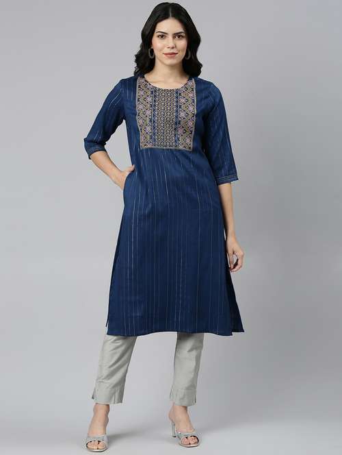 women round neck embroidered straight kurta - 21682685 -  Standard Image - 0