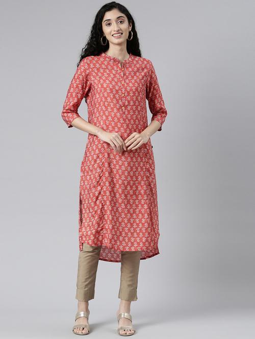 women mandarin neck printed high-low kurta - 21682715 - Standard Image - 0