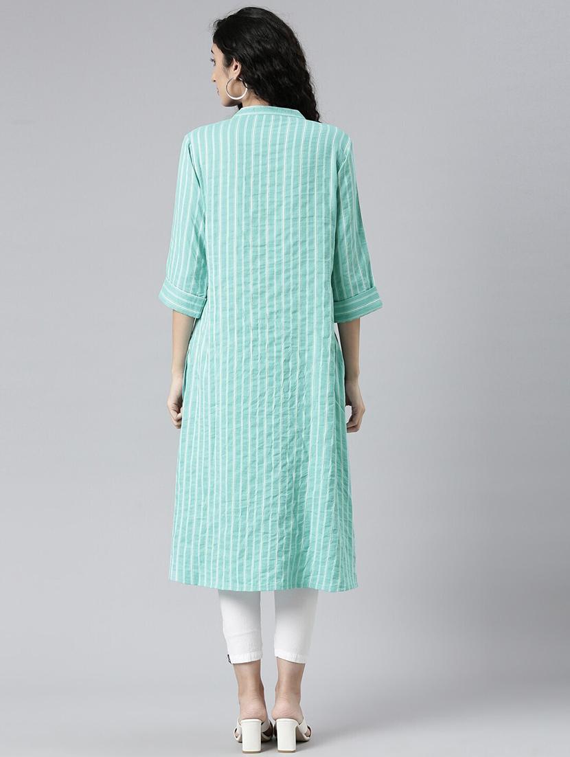 women striped mandarin neck a-line kurta - 21682752 - Standard Image - 3