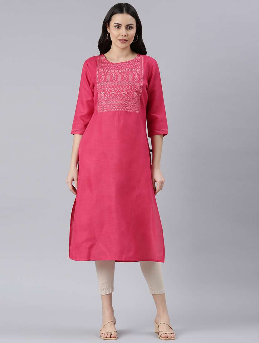 women round neck embroidered straight kurta - 21682766 -  Zoom Image - 0