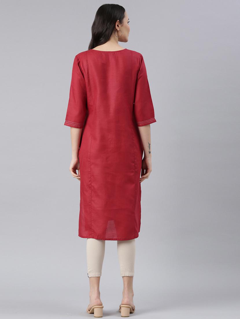 women round neck embroidered straight kurta - 21682767 - Standard Image - 3