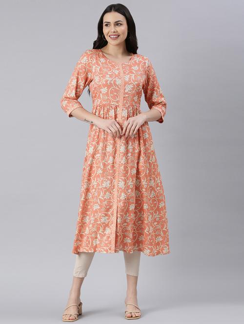 women round neck printed flared kurta - 21682770 - Standard Image - 0