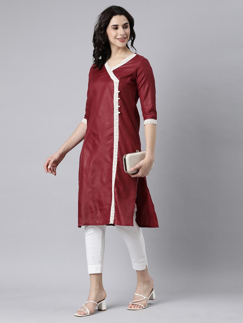 women lace work three quarter sleeve straight kurta - 21682778 -  Zoom Image - 0