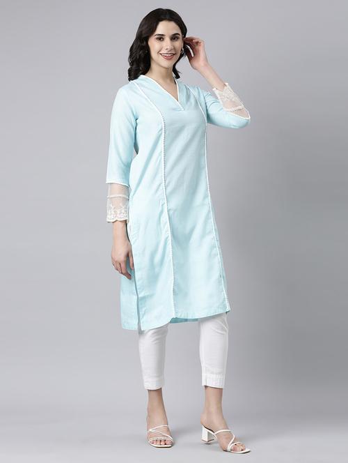 women solid three quarter sleeve straight kurta - 21682779 - Standard Image - 0