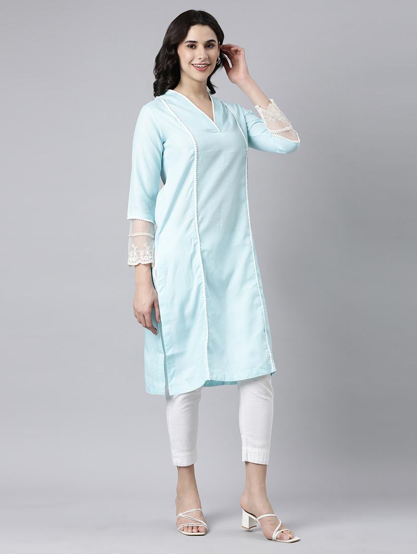 women solid three quarter sleeve straight kurta