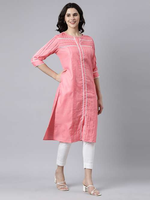 women solid three quarter sleeve straight kurta - 21682780 - Standard Image - 0