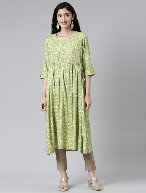 women printed three quarter sleeve a-line kurta - 21682796 -  Standard Image - 0