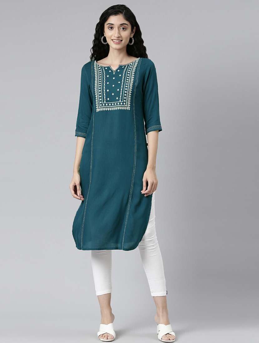 women embroidered three quarter sleeve straight kurta - 21682801 -  Zoom Image - 0