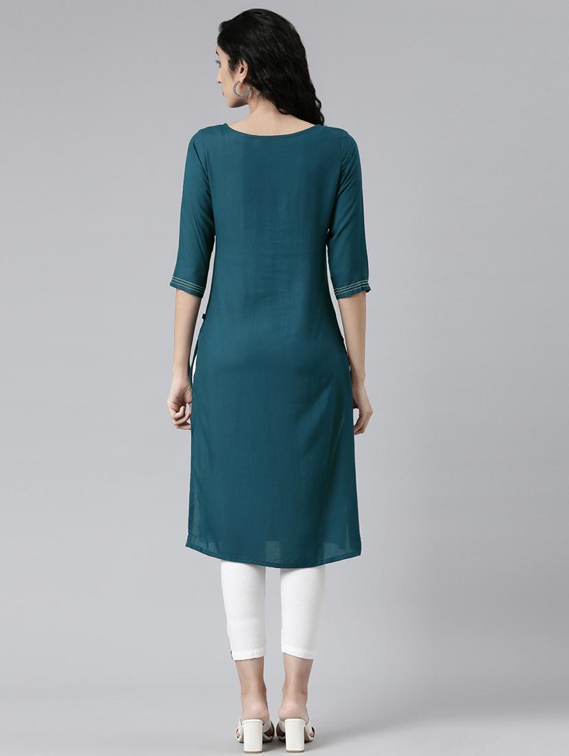 women embroidered three quarter sleeve straight kurta - 21682801 - Standard Image - 3