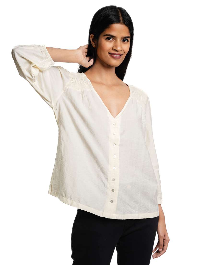 women cream solid long sleeve top