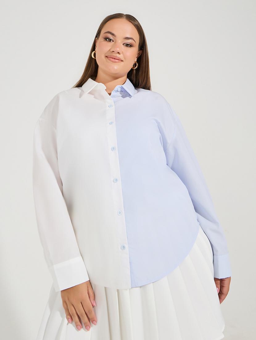 women plus size color blocked collared long sleeves shirt