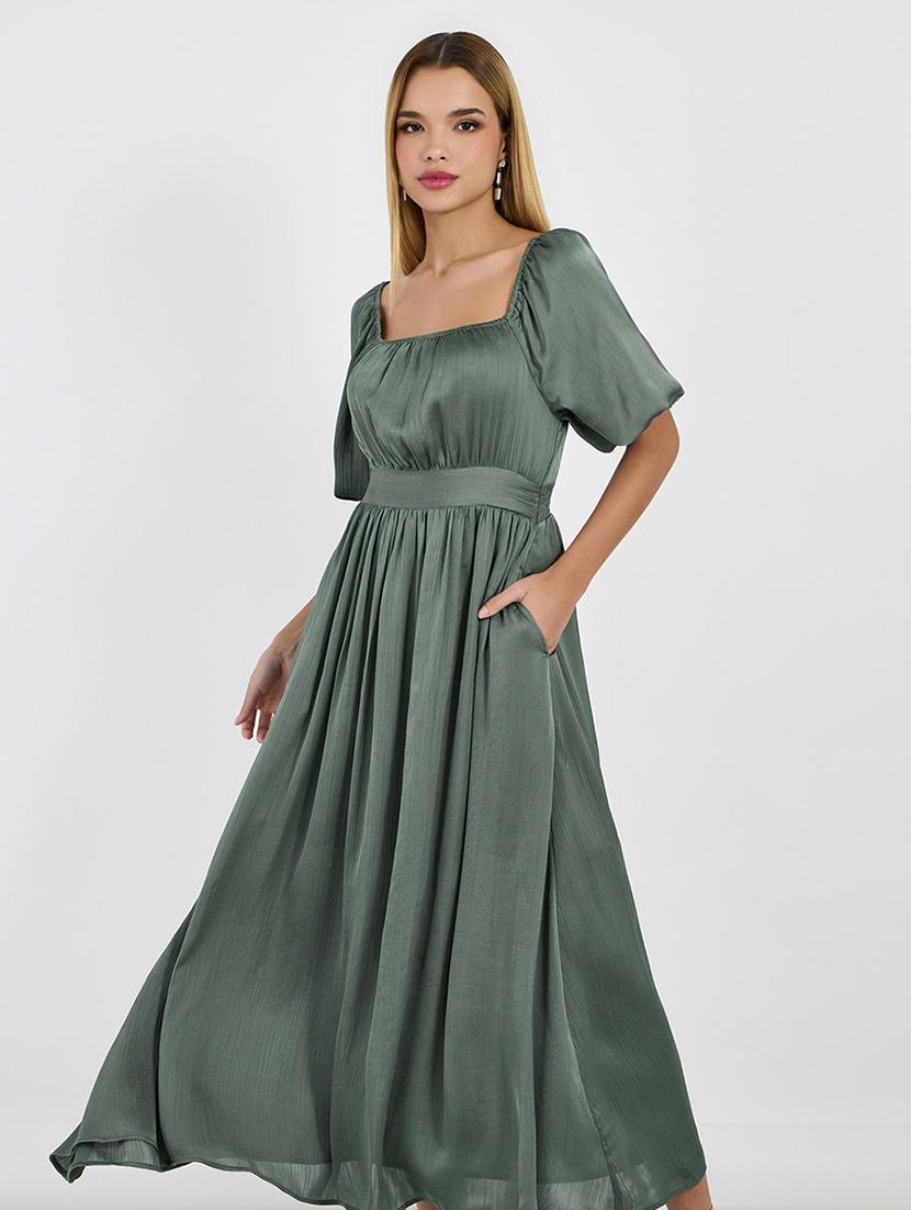 women solid puff sleeves fit & flared dress - 21683338 - Standard Image - 3