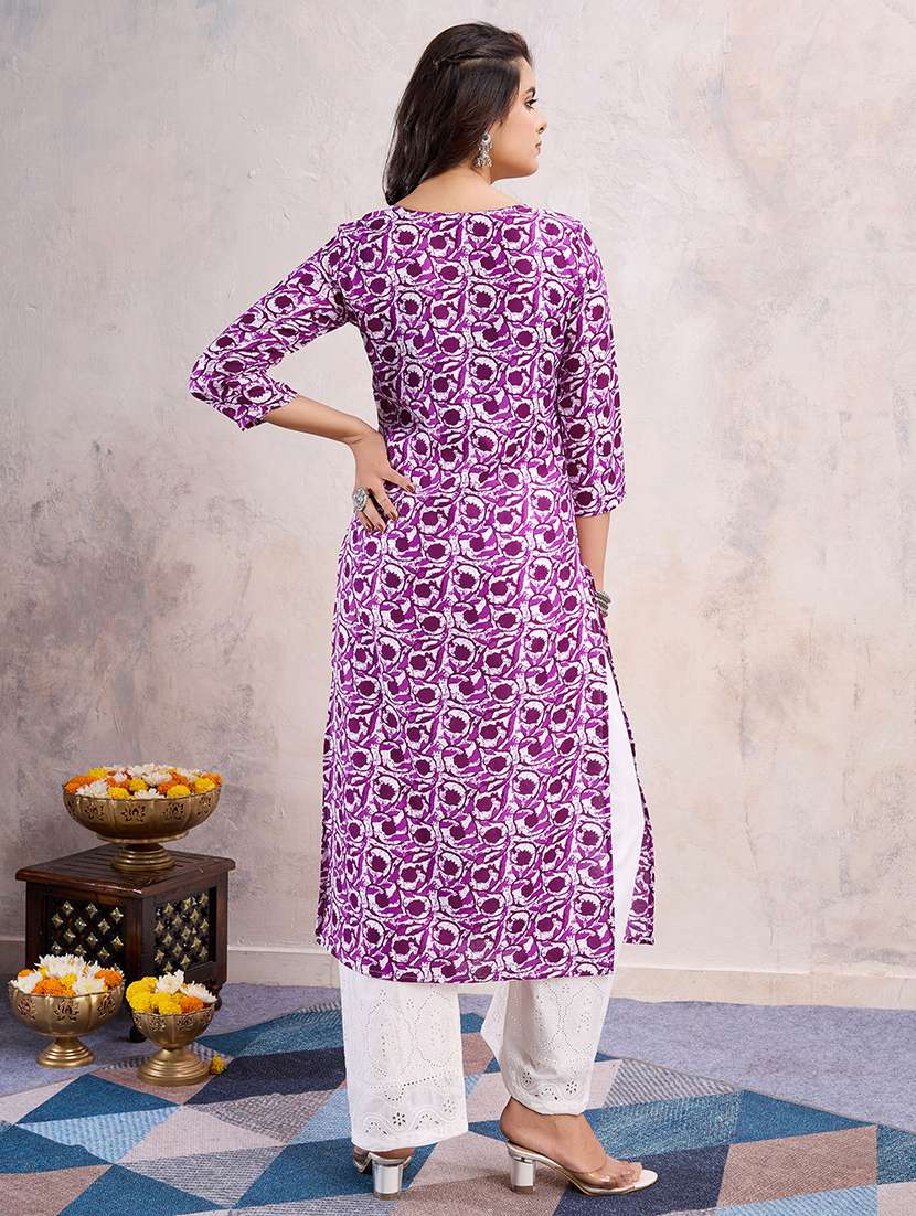 women purple three quarter sleeve straight kurta - 21683657 -  Standard Image - 3