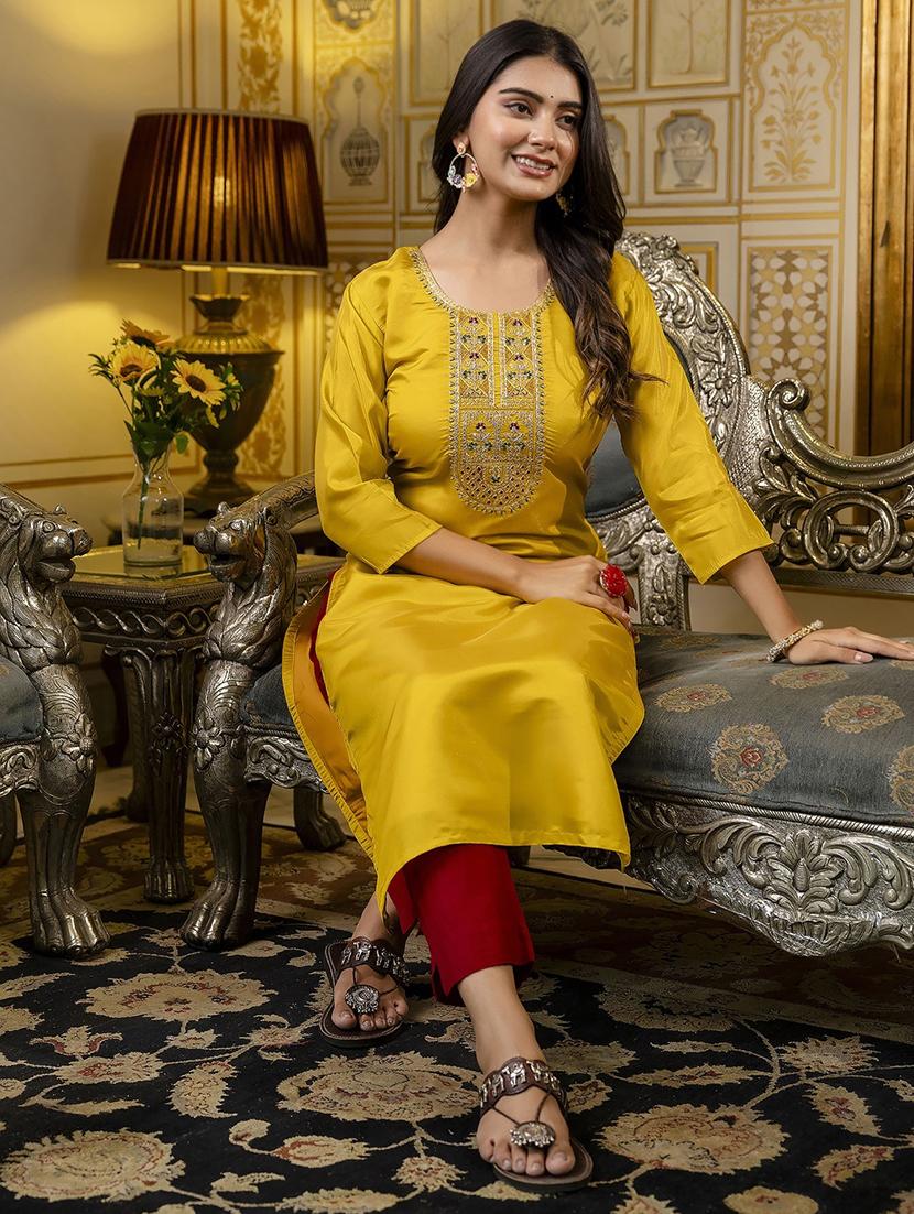 women embroidered three quarter sleeve straight kurta - 21683851 - Standard Image - 3