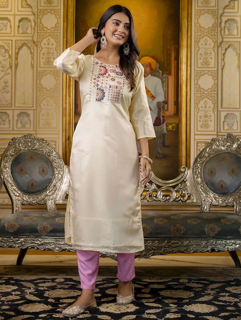 women embroidered three quarter sleeve straight kurta