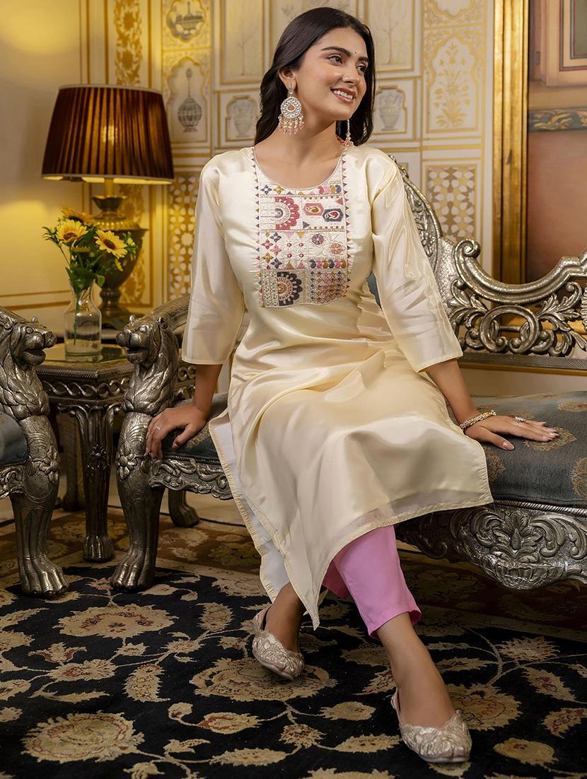 women embroidered three quarter sleeve straight kurta - 21683852 - Standard Image - 3