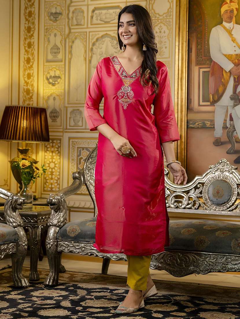 women embroidered three quarter sleeve straight kurta - 21683854 - Zoom Image - 0