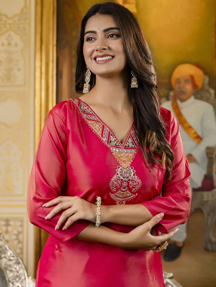 women embroidered three quarter sleeve straight kurta - 21683854 - Standard Image - 3