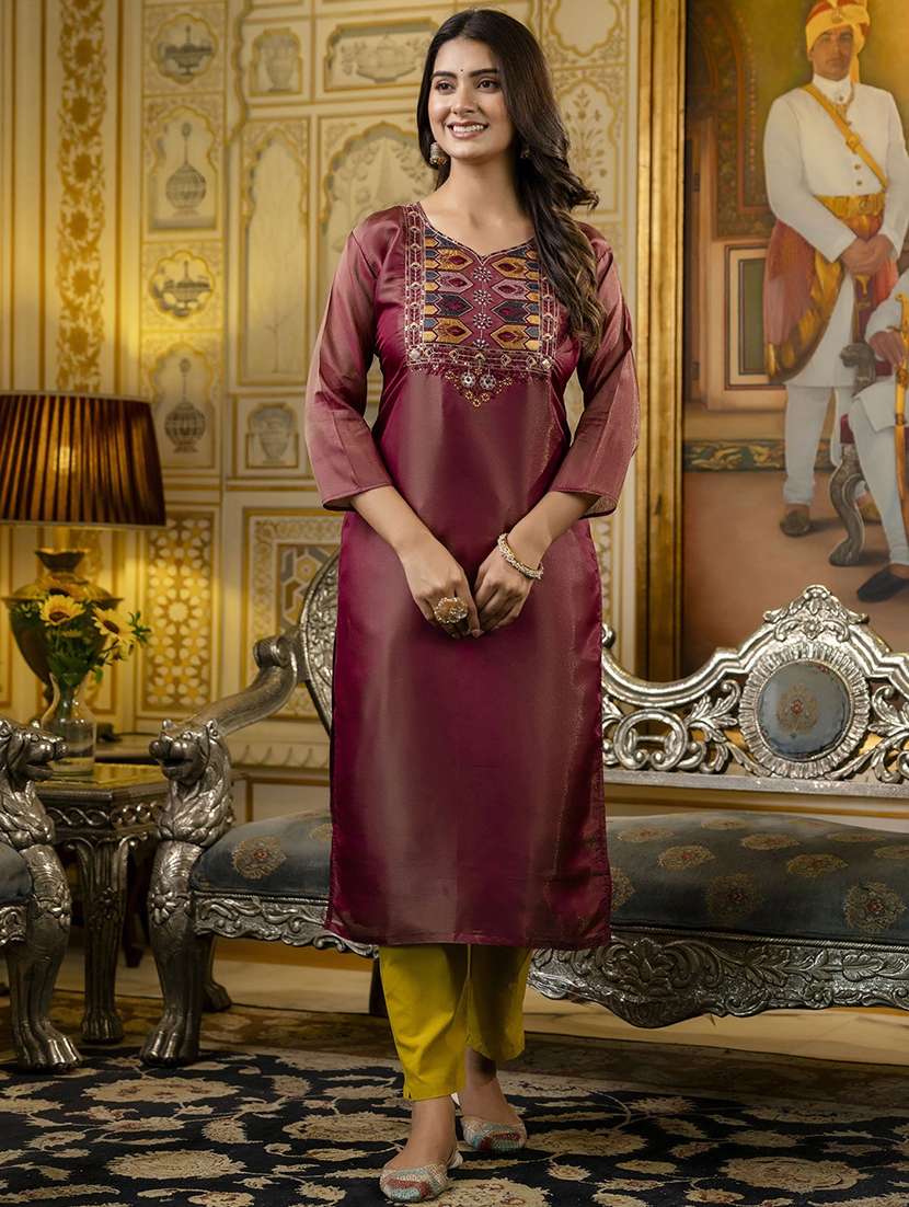 women embroidered three quarter sleeve straight kurta - 21683857 - Zoom Image - 0