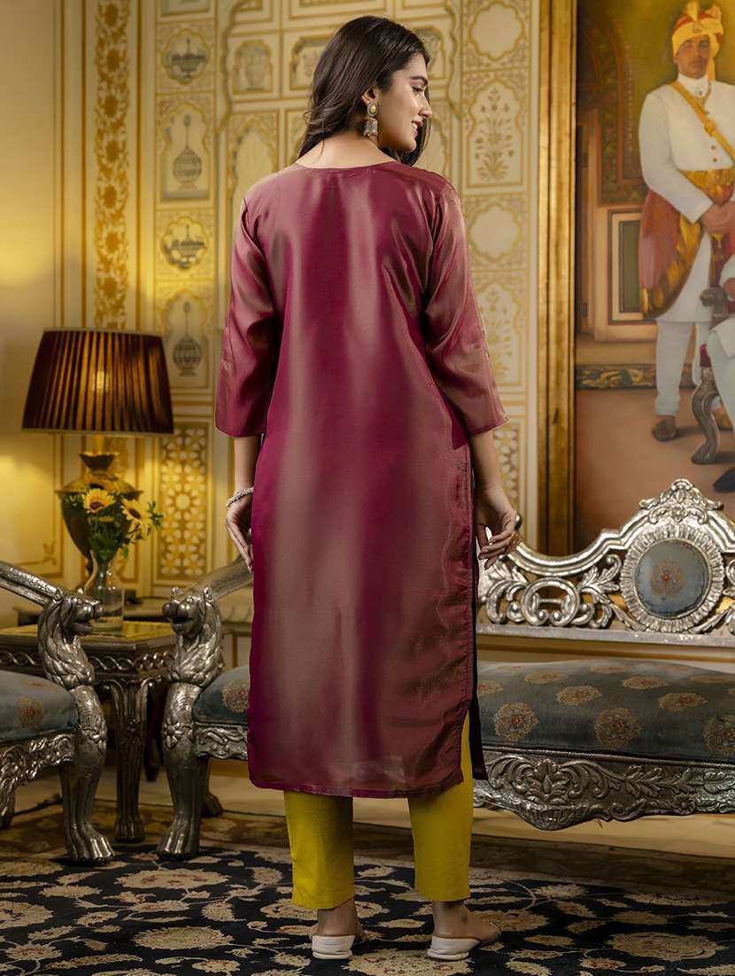 women embroidered three quarter sleeve straight kurta - 21683857 - Standard Image - 3