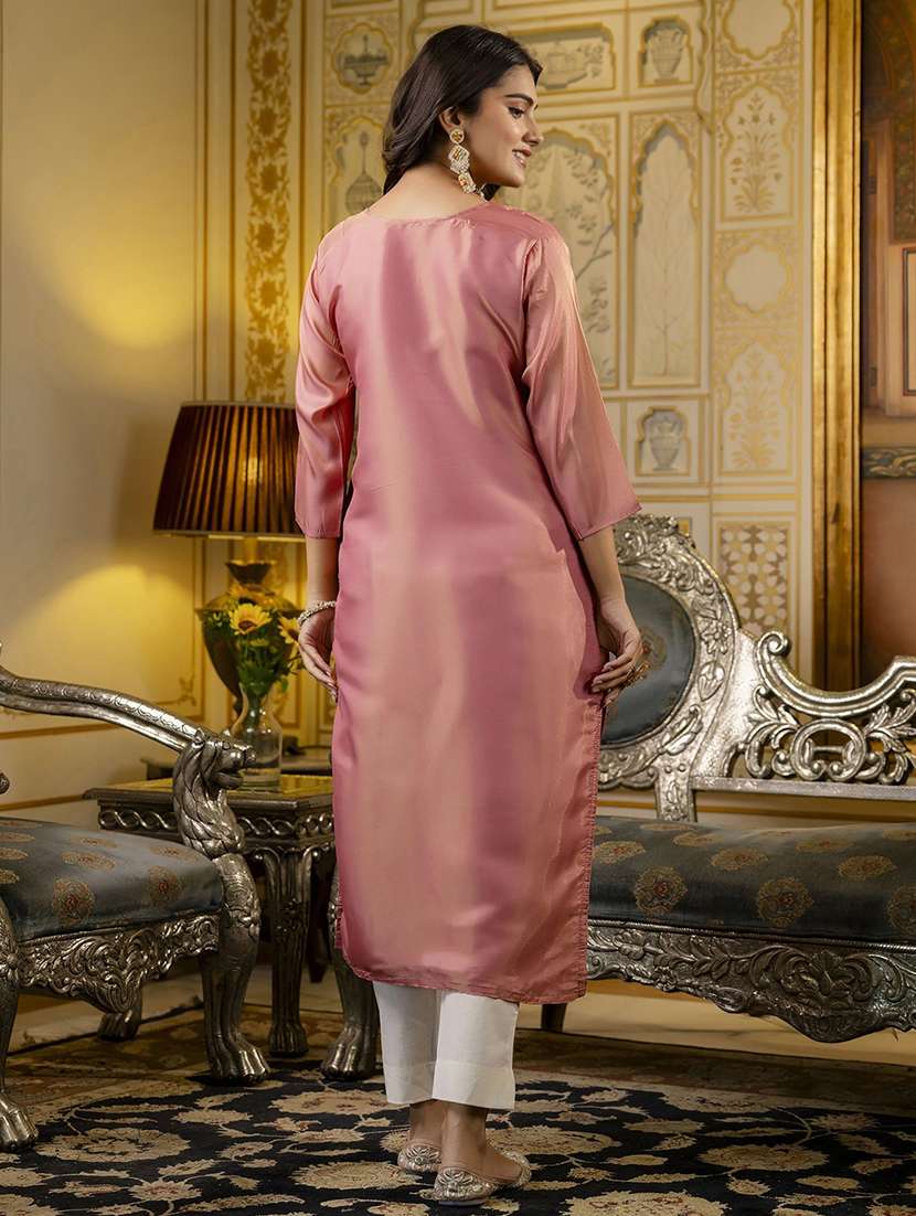 women embroidered three quarter sleeve straight kurta - 21683858 -  Standard Image - 3