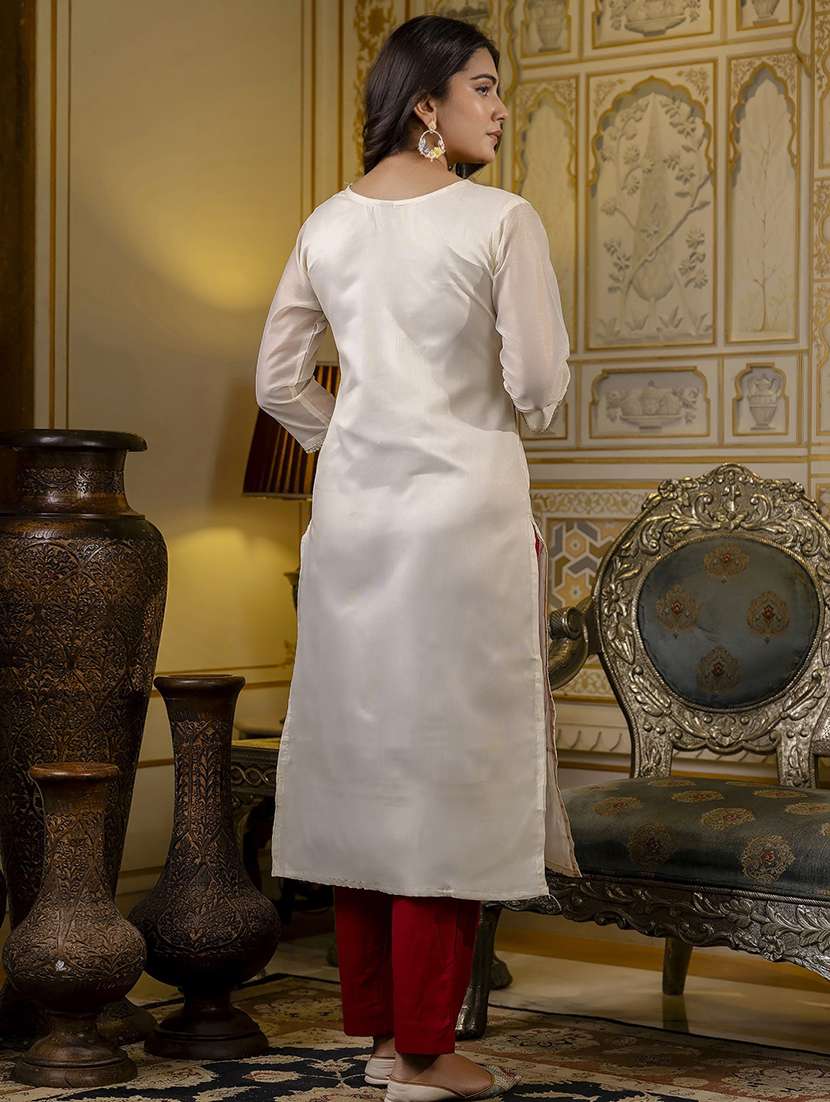 women embroidered three quarter sleeve straight kurta - 21683867 -  Standard Image - 3