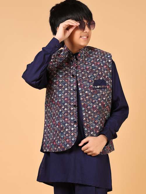boys solid kurta pyjama with embroidered jacket - 21683983 - Standard Image - 0