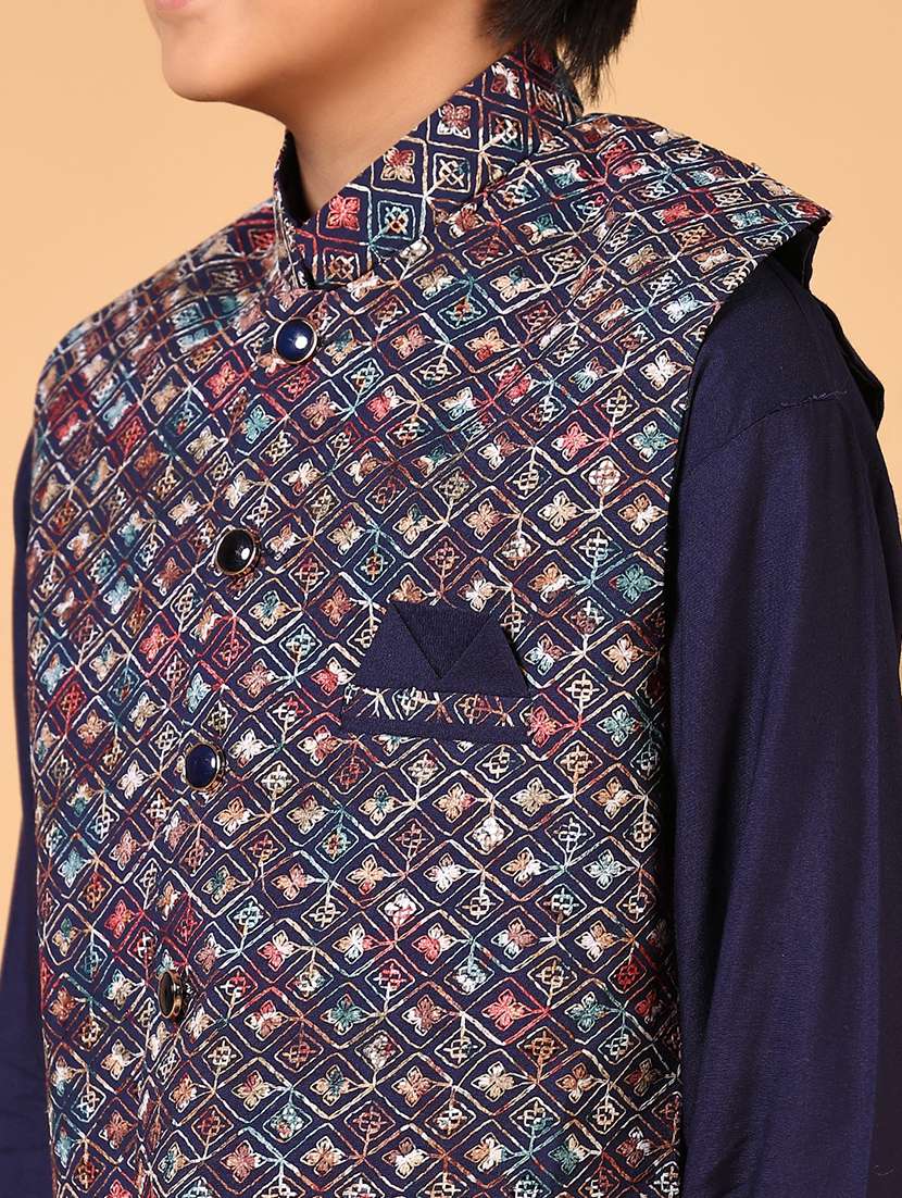 boys solid kurta pyjama with embroidered jacket - 21683983 - Standard Image - 3