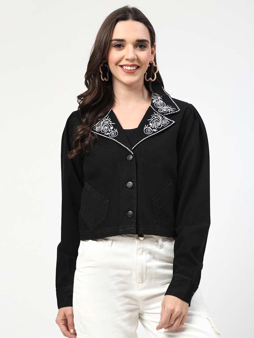 women embroidered crop denim jacket
