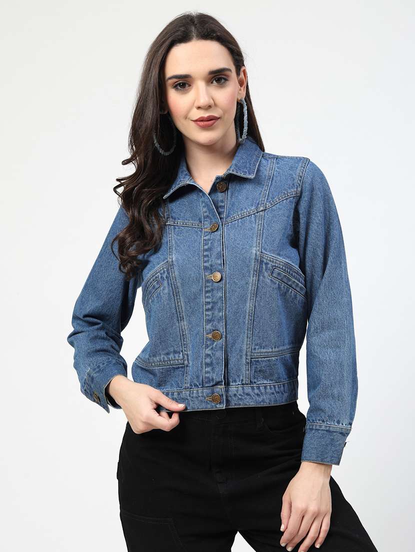 women solid long sleeves denim jacket