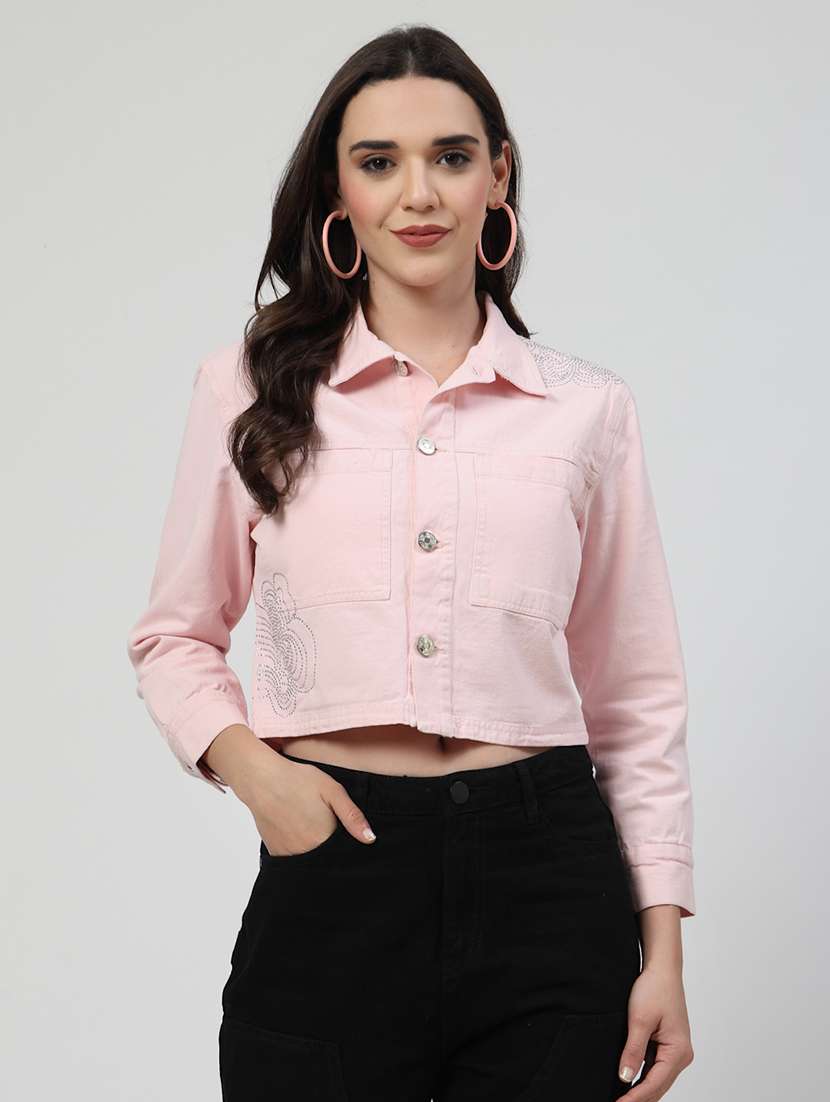women solid long sleeves denim jacket