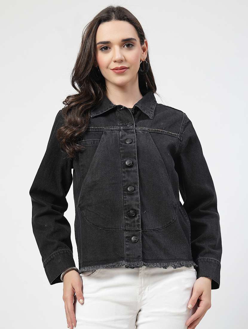 women solid long sleeves denim jacket