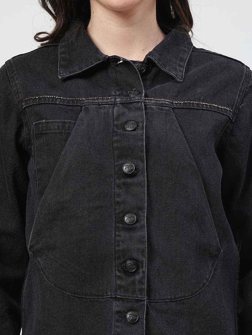 women solid long sleeves denim jacket - 21684118 - Standard Image - 5