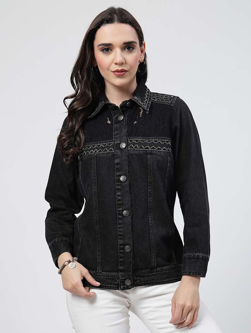 women solid long sleeves denim jacket