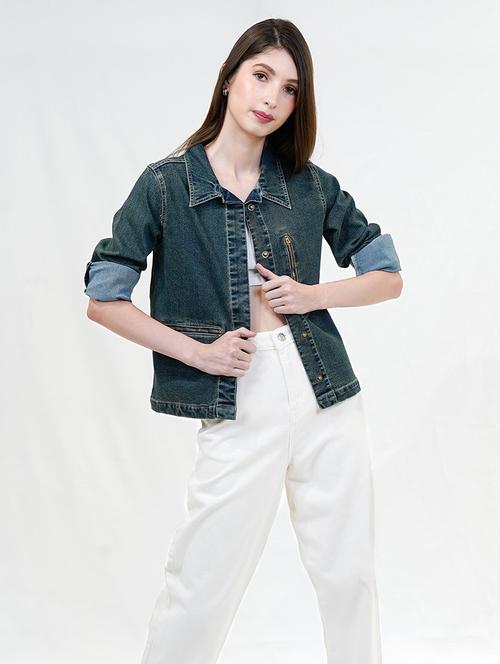 women solid long sleeves denim jacket - 21684121 - Standard Image - 0