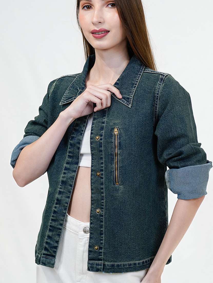 women solid long sleeves denim jacket - 21684121 - Standard Image - 5